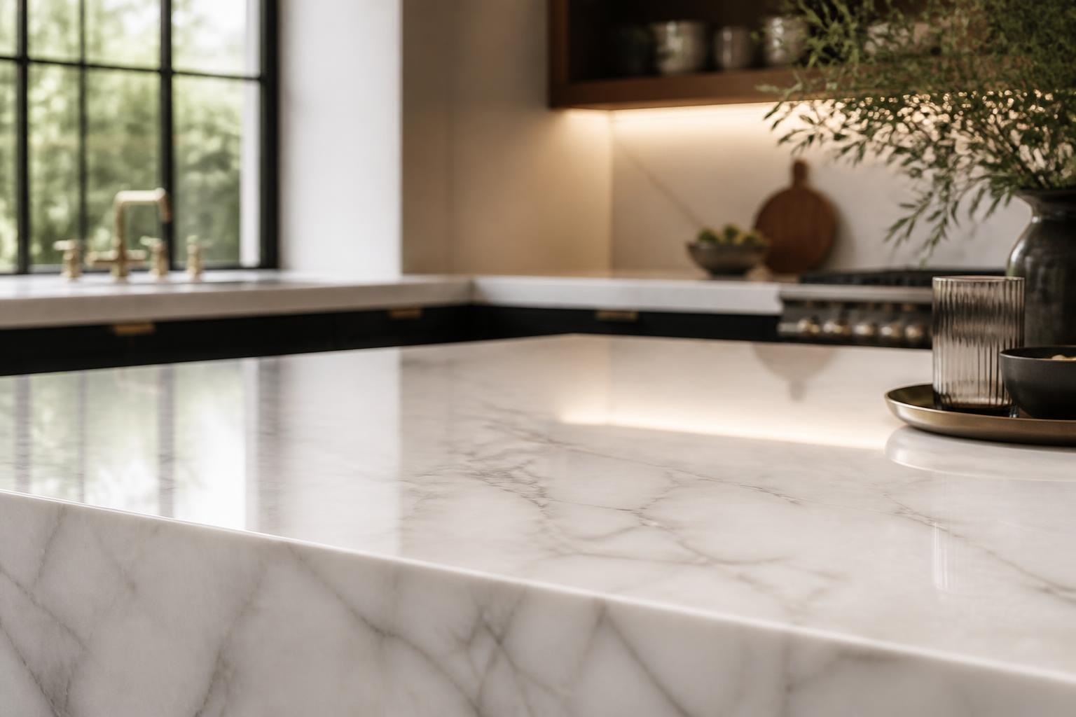 Cozinha de alto padrão com bancada de mármore branco